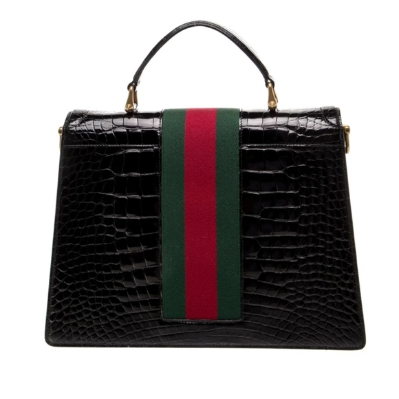 Gucci Web Top Handle Bag Medium Black Crocodile - Picture 4 of 6